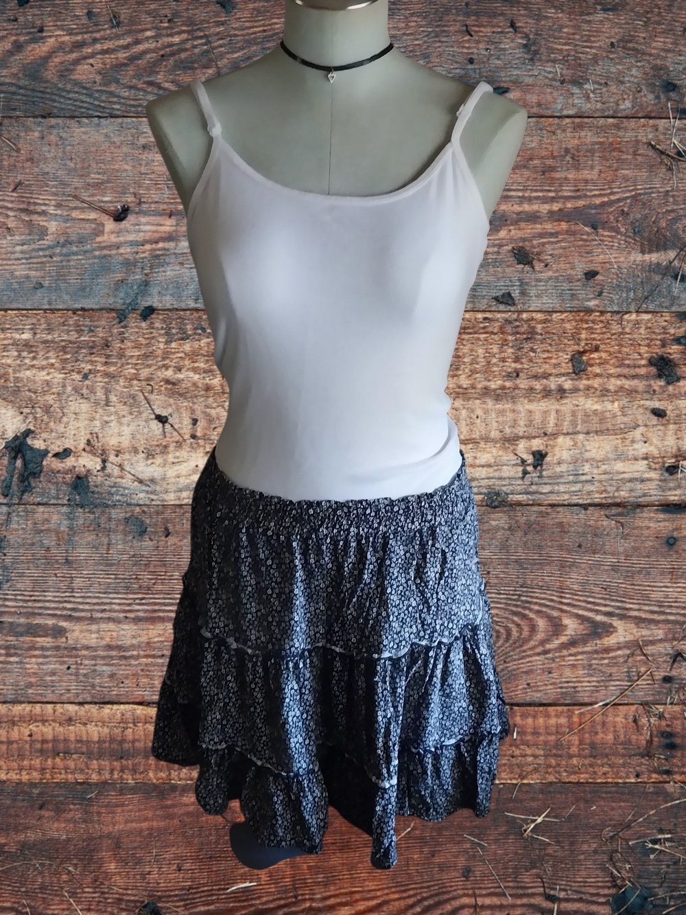 Women's Black Tiered Floral Mini Skirt And Tank Top & Choker